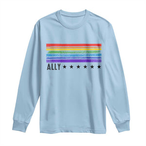 Retro Rainbow Ally Distressed Stripes Graphic Long Sleeve Shirt LGBTQ Support Pride Month TS02 Light Blue Print Your Wear