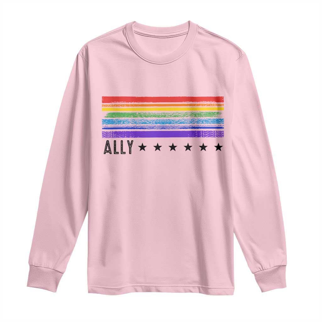 Retro Rainbow Ally Distressed Stripes Graphic Long Sleeve Shirt LGBTQ Support Pride Month TS02 Light Pink Print Your Wear
