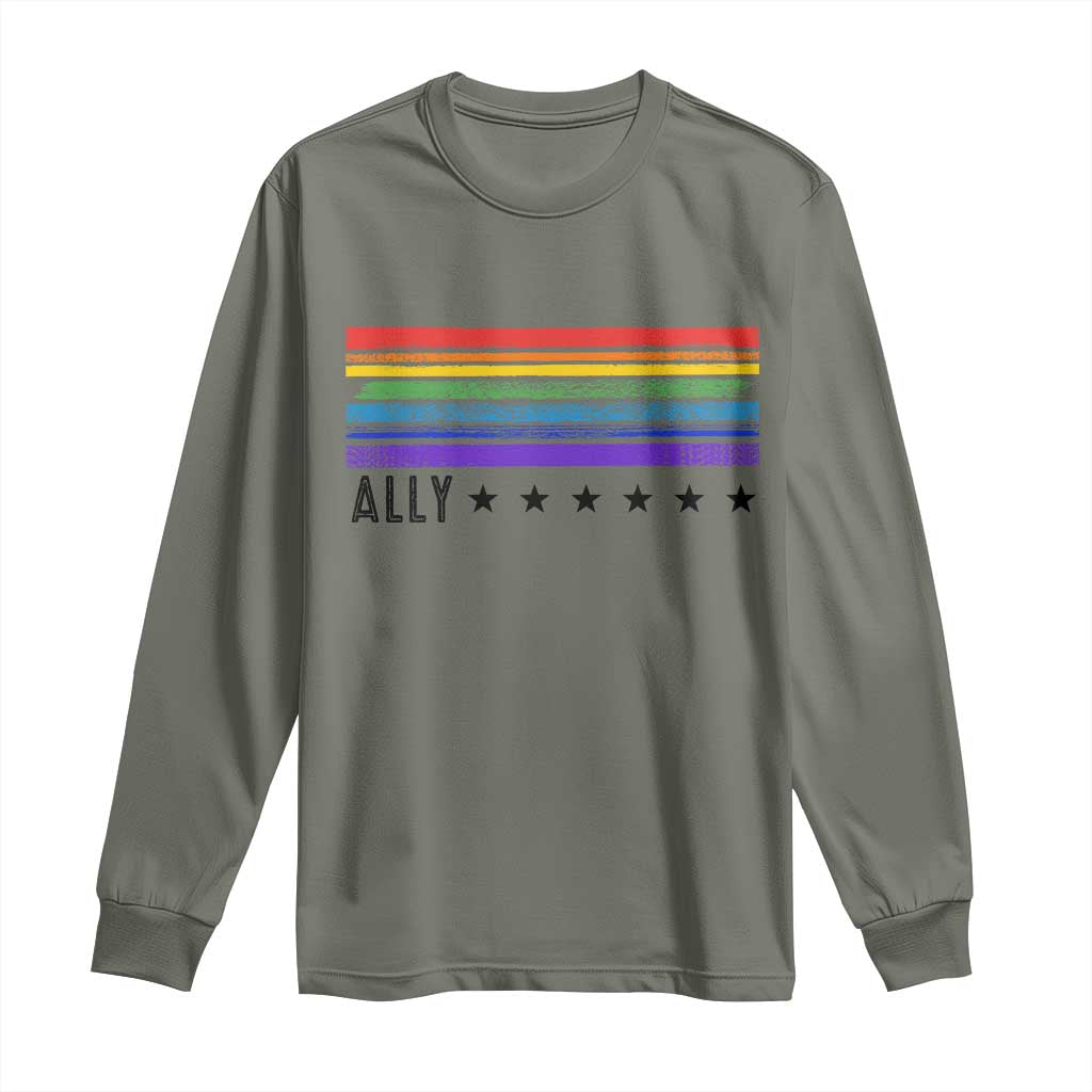 Retro Rainbow Ally Distressed Stripes Graphic Long Sleeve Shirt LGBTQ Support Pride Month TS02 Military Green Print Your Wear