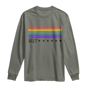 Retro Rainbow Ally Distressed Stripes Graphic Long Sleeve Shirt LGBTQ Support Pride Month TS02 Military Green Print Your Wear