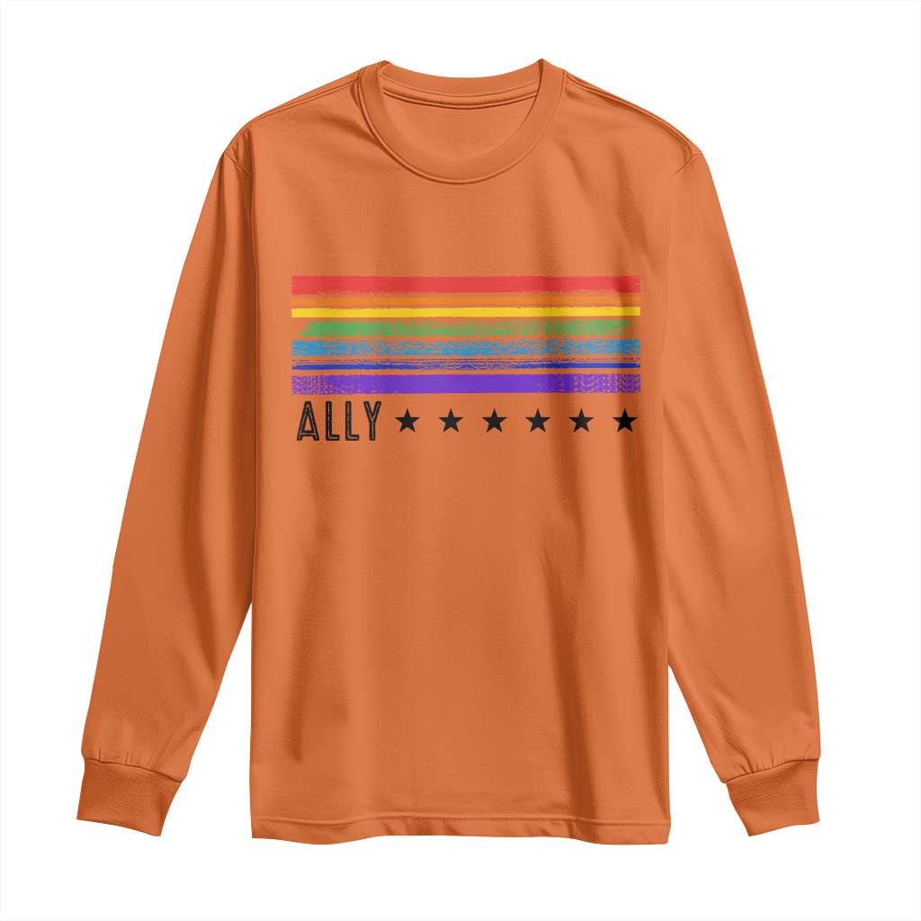 Retro Rainbow Ally Distressed Stripes Graphic Long Sleeve Shirt LGBTQ Support Pride Month TS02 Orange Print Your Wear