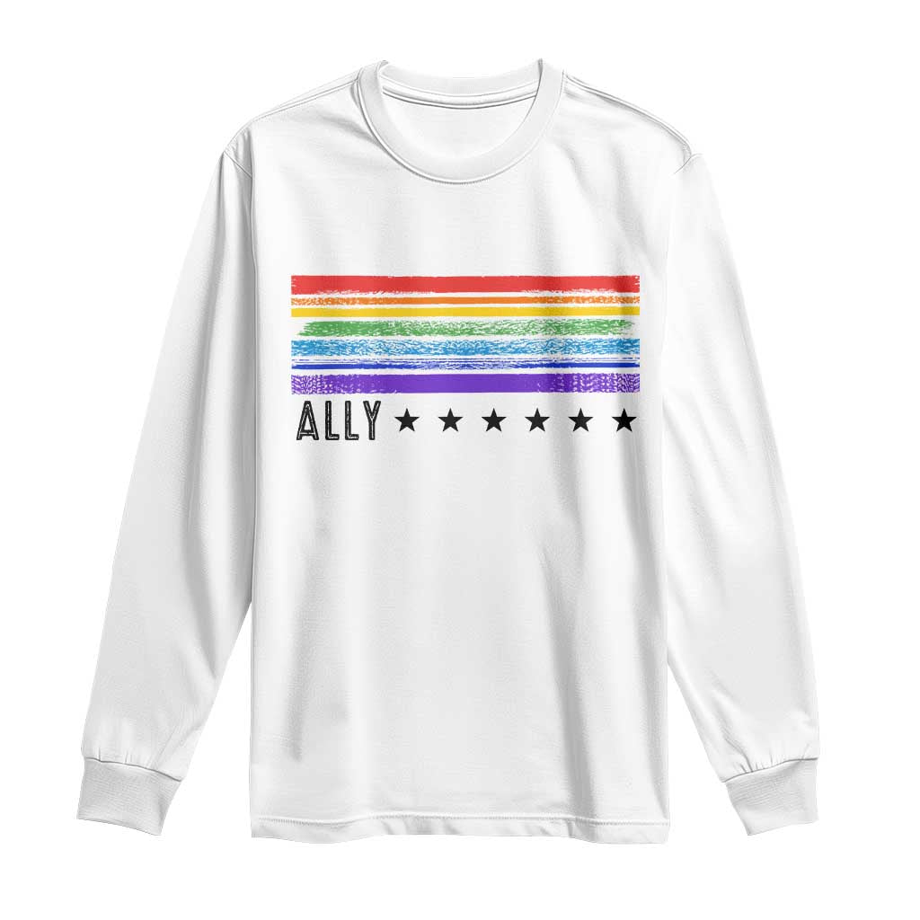 Retro Rainbow Ally Distressed Stripes Graphic Long Sleeve Shirt LGBTQ Support Pride Month TS02 White Print Your Wear