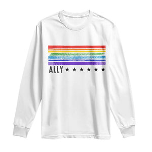 Retro Rainbow Ally Distressed Stripes Graphic Long Sleeve Shirt LGBTQ Support Pride Month TS02 White Print Your Wear