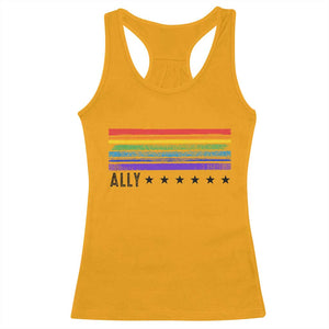 Retro Rainbow Ally Distressed Stripes Graphic Racerback Tank Top LGBTQ Support Pride Month TS02 Gold Print Your Wear