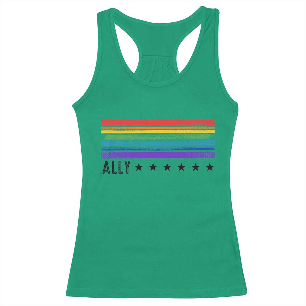 Retro Rainbow Ally Distressed Stripes Graphic Racerback Tank Top LGBTQ Support Pride Month TS02 Irish Green Print Your Wear