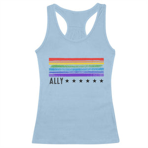 Retro Rainbow Ally Distressed Stripes Graphic Racerback Tank Top LGBTQ Support Pride Month TS02 Light Blue Print Your Wear