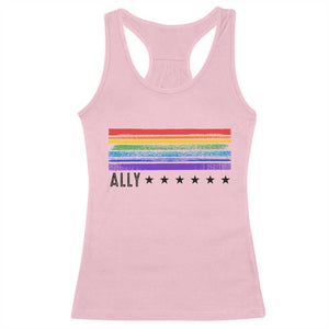 Retro Rainbow Ally Distressed Stripes Graphic Racerback Tank Top LGBTQ Support Pride Month TS02 Light Pink Print Your Wear