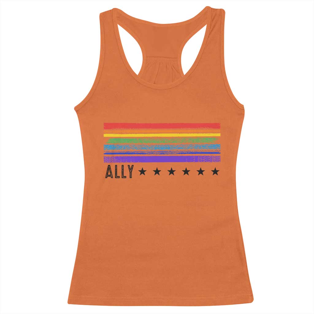 Retro Rainbow Ally Distressed Stripes Graphic Racerback Tank Top LGBTQ Support Pride Month TS02 Orange Print Your Wear