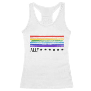 Retro Rainbow Ally Distressed Stripes Graphic Racerback Tank Top LGBTQ Support Pride Month TS02 White Print Your Wear