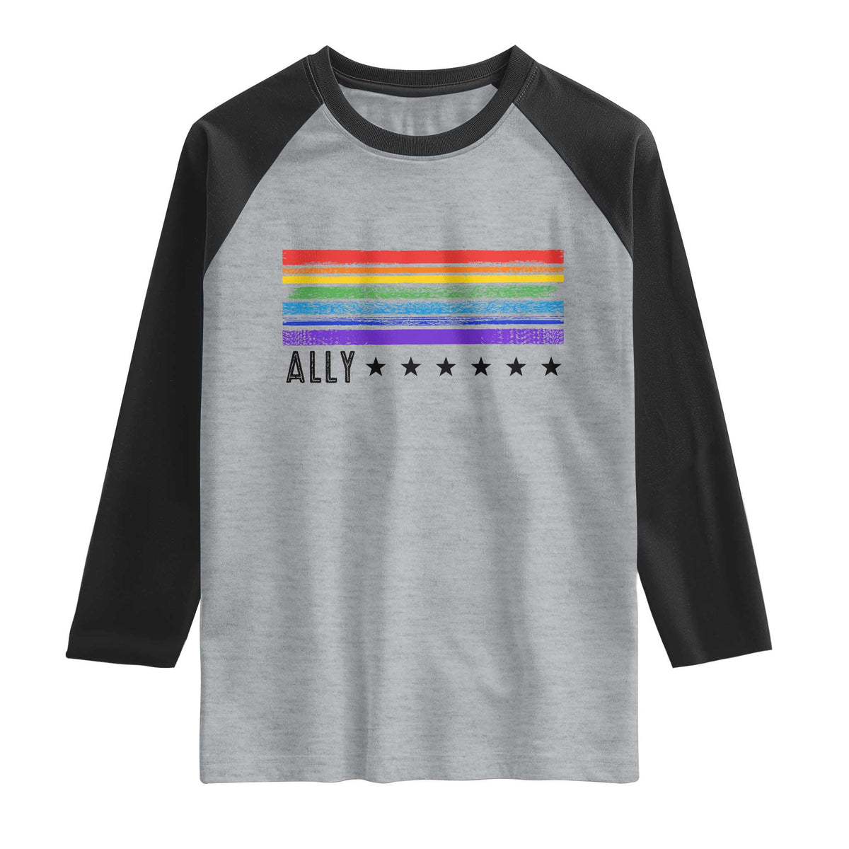 Retro Rainbow Ally Distressed Stripes Graphic Raglan Shirt LGBTQ Support Pride Month TS02 Heather Gray Black Print Your Wear