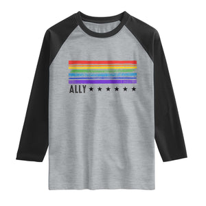 Retro Rainbow Ally Distressed Stripes Graphic Raglan Shirt LGBTQ Support Pride Month TS02 Heather Gray Black Print Your Wear