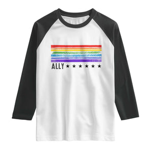 Retro Rainbow Ally Distressed Stripes Graphic Raglan Shirt LGBTQ Support Pride Month TS02 White Black Print Your Wear
