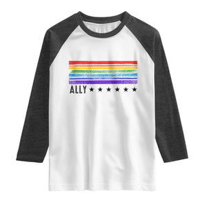 Retro Rainbow Ally Distressed Stripes Graphic Raglan Shirt LGBTQ Support Pride Month TS02 White Heather Charcoal Print Your Wear