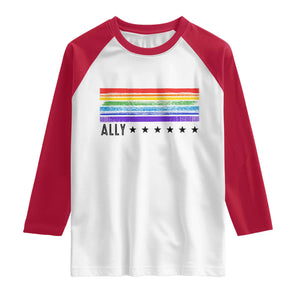 Retro Rainbow Ally Distressed Stripes Graphic Raglan Shirt LGBTQ Support Pride Month TS02 White Red Print Your Wear