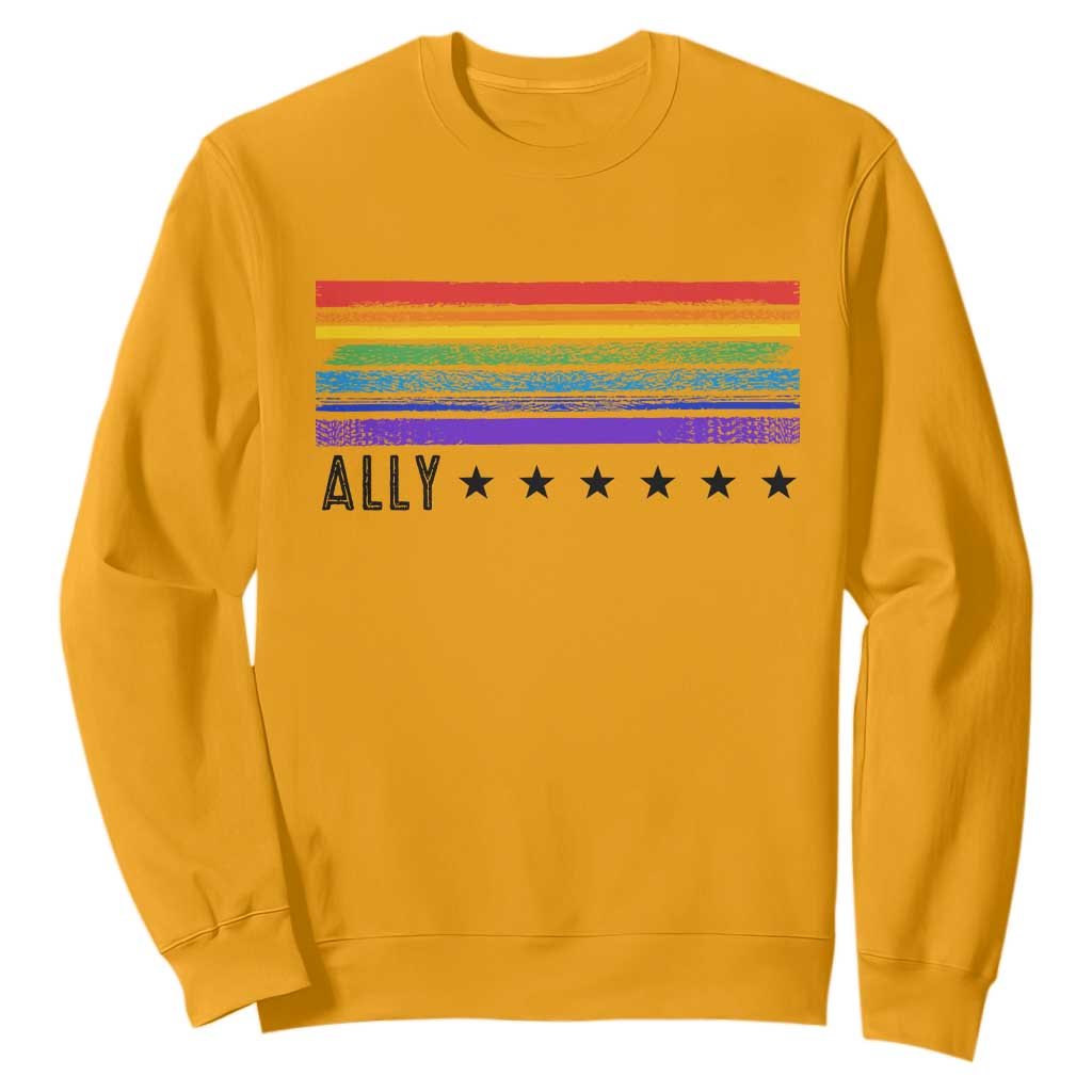 Retro Rainbow Ally Distressed Stripes Graphic Sweatshirt LGBTQ Support Pride Month TS02 Gold Print Your Wear