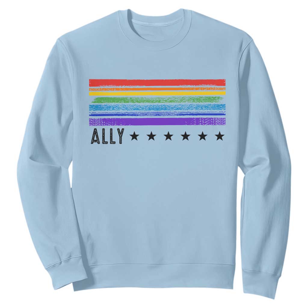 Retro Rainbow Ally Distressed Stripes Graphic Sweatshirt LGBTQ Support Pride Month TS02 Light Blue Print Your Wear