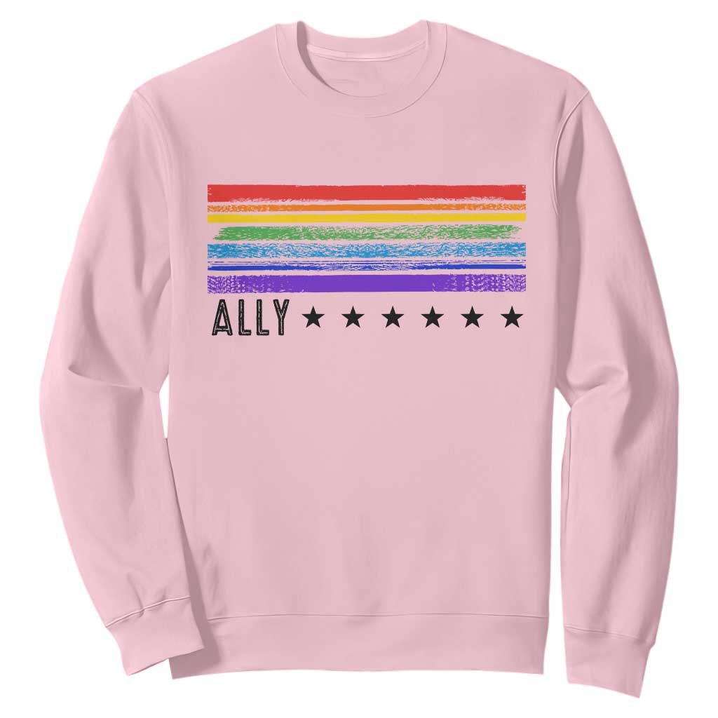 Retro Rainbow Ally Distressed Stripes Graphic Sweatshirt LGBTQ Support Pride Month TS02 Light Pink Print Your Wear