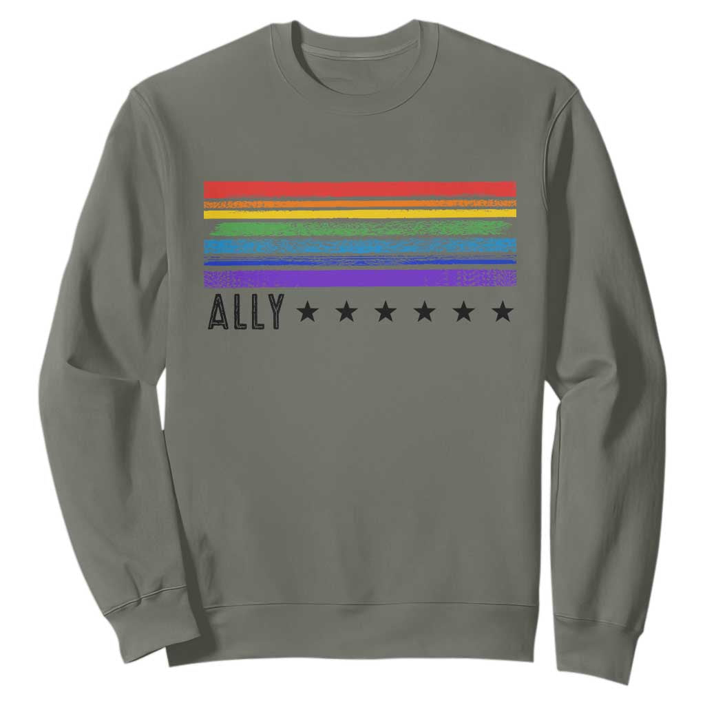 Retro Rainbow Ally Distressed Stripes Graphic Sweatshirt LGBTQ Support Pride Month TS02 Military Green Print Your Wear