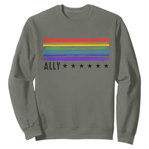 Retro Rainbow Ally Distressed Stripes Graphic Sweatshirt LGBTQ Support Pride Month TS02 Military Green Print Your Wear