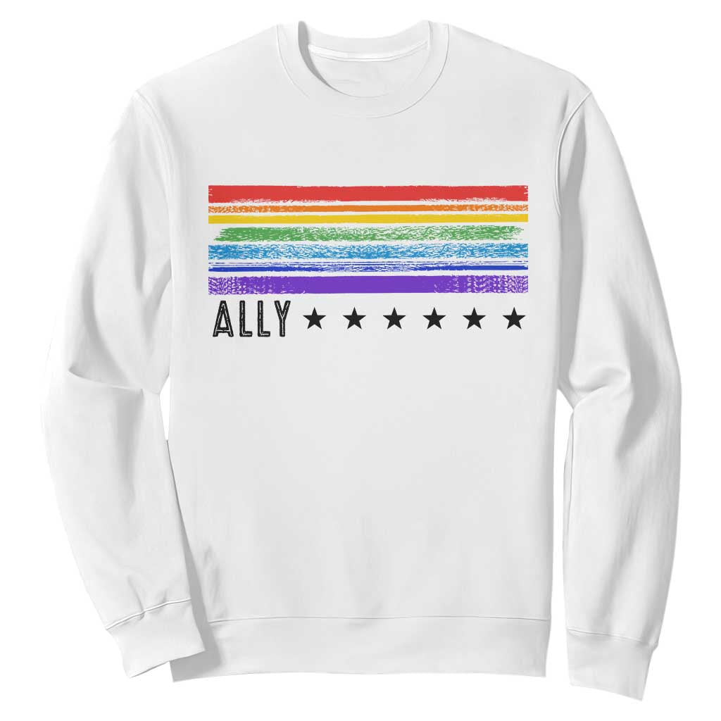 Retro Rainbow Ally Distressed Stripes Graphic Sweatshirt LGBTQ Support Pride Month TS02 White Print Your Wear