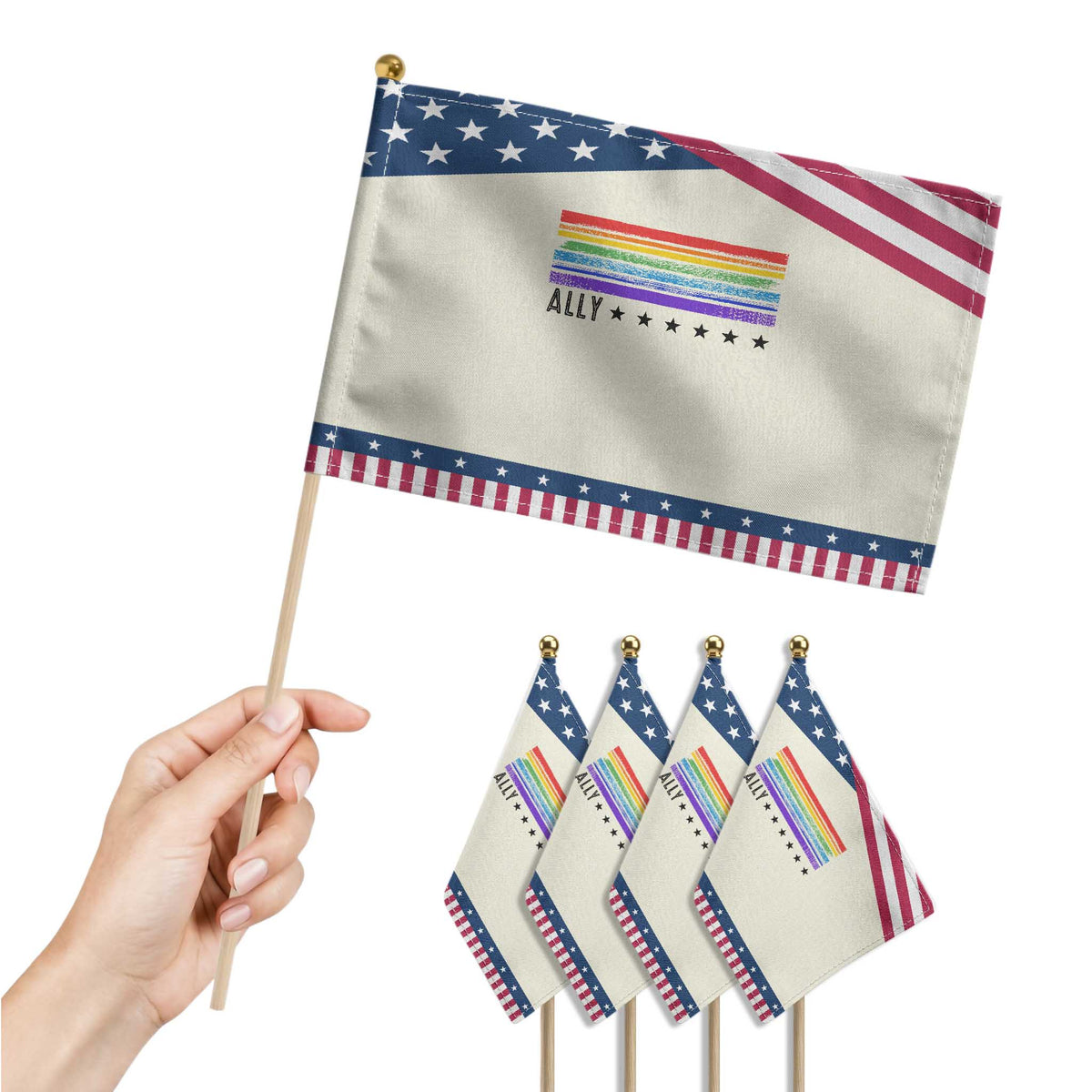 Retro Rainbow Ally Distressed Stripes Graphic Patriotic Handheld Flag LGBTQ Support Pride Month TS02 Print Your Wear