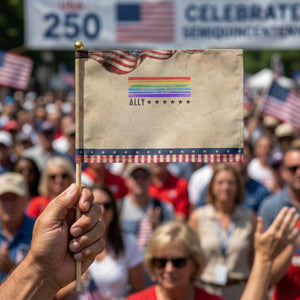 Retro Rainbow Ally Distressed Stripes Graphic Patriotic Handheld Flag LGBTQ Support Pride Month TS02 Vintage 8.2" × 5.5" Rustic Tan Navy Print Your Wear