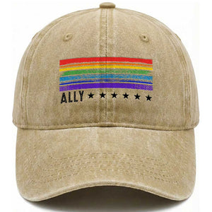 Retro Rainbow Ally Distressed Stripes Graphic Washed Cotton Baseball Cap LGBTQ Support Pride Month TS02 Print Your Wear