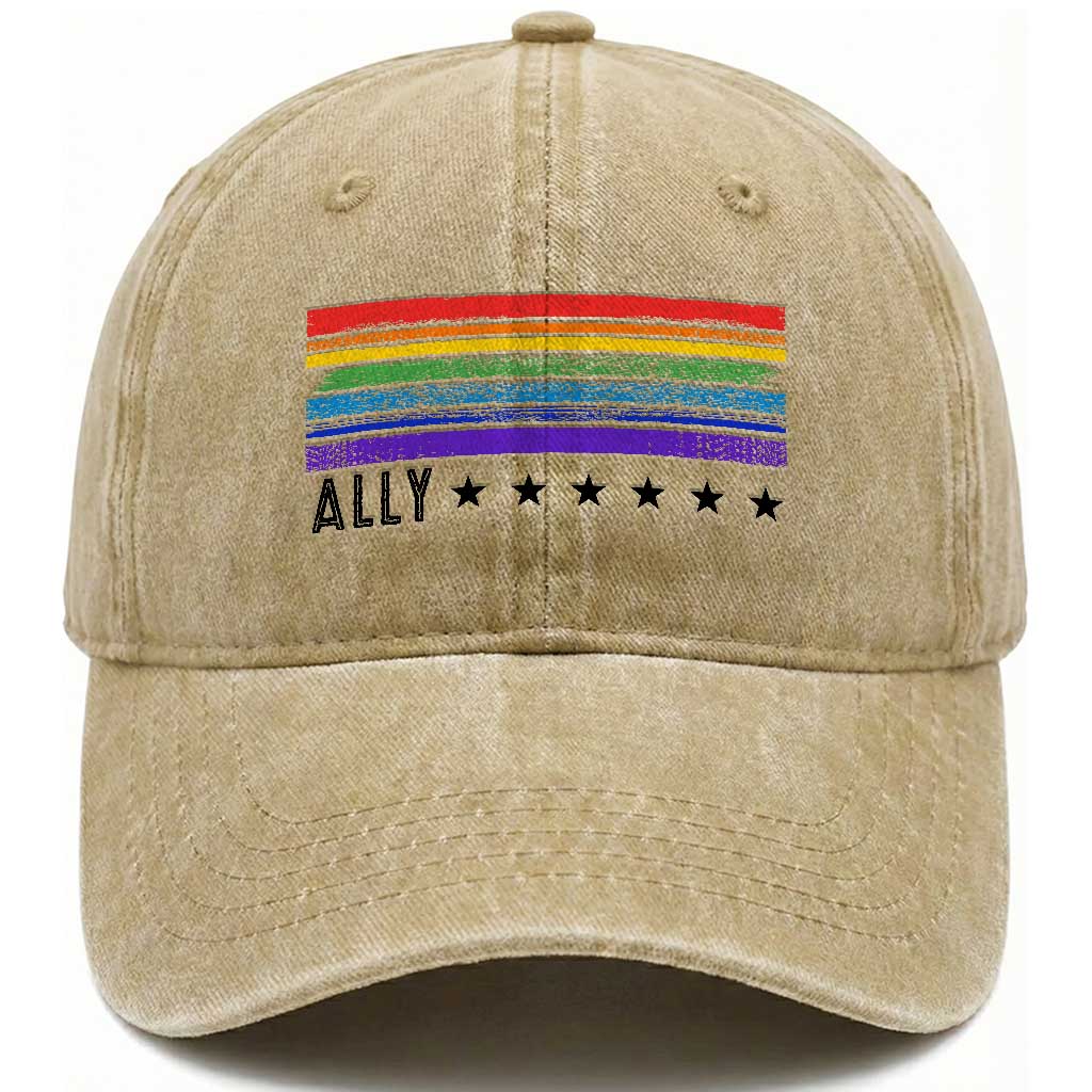 Retro Rainbow Ally Distressed Stripes Graphic Washed Cotton Baseball Cap LGBTQ Support Pride Month TS02 Print Your Wear