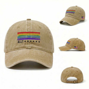 Retro Rainbow Ally Distressed Stripes Graphic Washed Cotton Baseball Cap LGBTQ Support Pride Month TS02 Washed Cap Universal Fit Khaki Print Your Wear