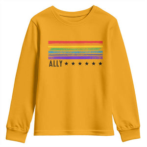 Retro Rainbow Ally Distressed Stripes Graphic Youth Sweatshirt LGBTQ Support Pride Month TS02 Gold Print Your Wear