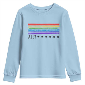 Retro Rainbow Ally Distressed Stripes Graphic Youth Sweatshirt LGBTQ Support Pride Month TS02 Light Blue Print Your Wear