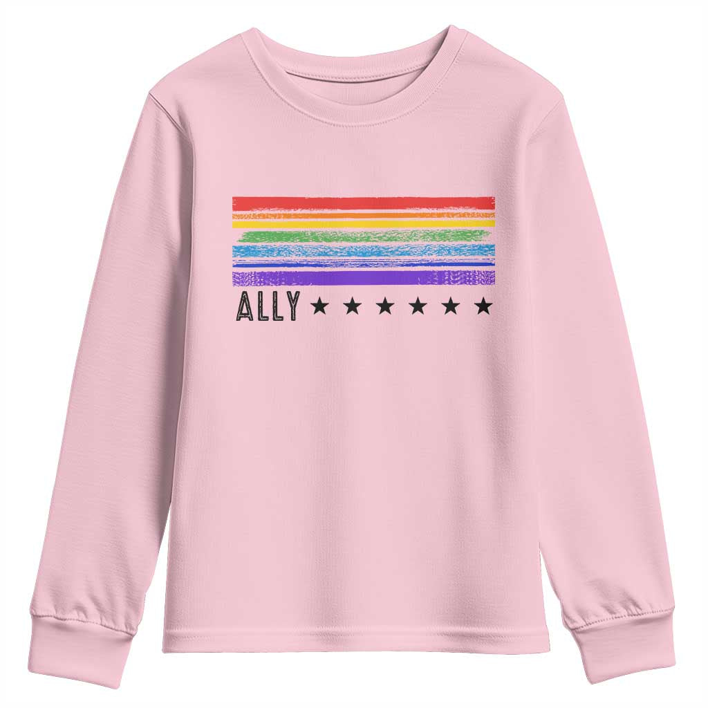 Retro Rainbow Ally Distressed Stripes Graphic Youth Sweatshirt LGBTQ Support Pride Month TS02 Light Pink Print Your Wear