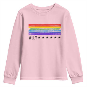 Retro Rainbow Ally Distressed Stripes Graphic Youth Sweatshirt LGBTQ Support Pride Month TS02 Light Pink Print Your Wear