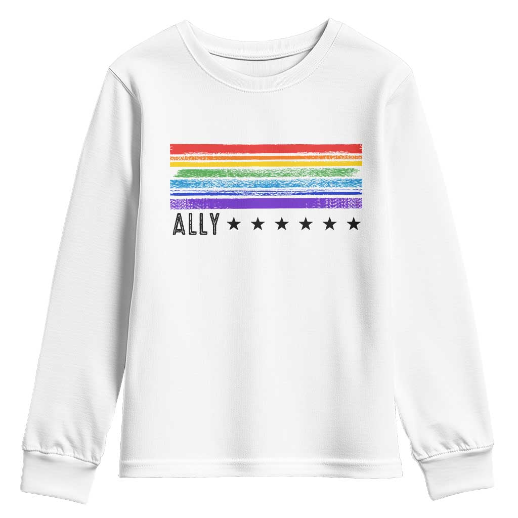 Retro Rainbow Ally Distressed Stripes Graphic Youth Sweatshirt LGBTQ Support Pride Month TS02 White Print Your Wear