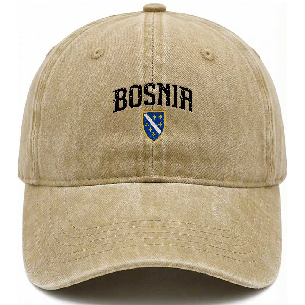 Vintage Bosnia Coat of Arms Minimalist Washed Cotton Baseball Cap Golden Lily Heritage Shield Graphic TS02 Print Your Wear