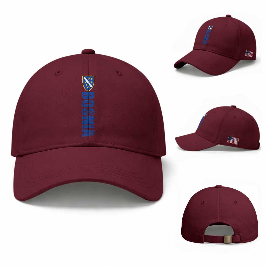 Bosnia Typography Coat of Arms Baseball Cap Golden Lily Shield Modern Graphic TS02 Baseball Cap Universal Fit Maroon Print Your Wear