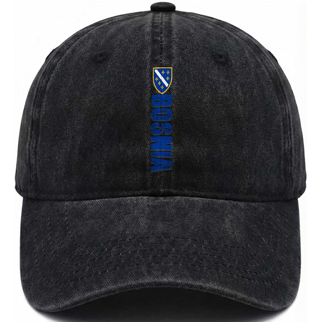 Bosnia Typography Coat of Arms Washed Cotton Baseball Cap Golden Lily Shield Modern Graphic TS02 Print Your Wear