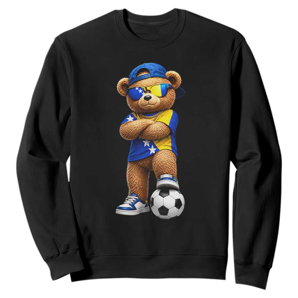 Cool Bosnia Herzegovina Flag Teddy Bear Soccer Fan Sweatshirt BIH Bosnian Heritage Football Lovers TS02 Black Print Your Wear