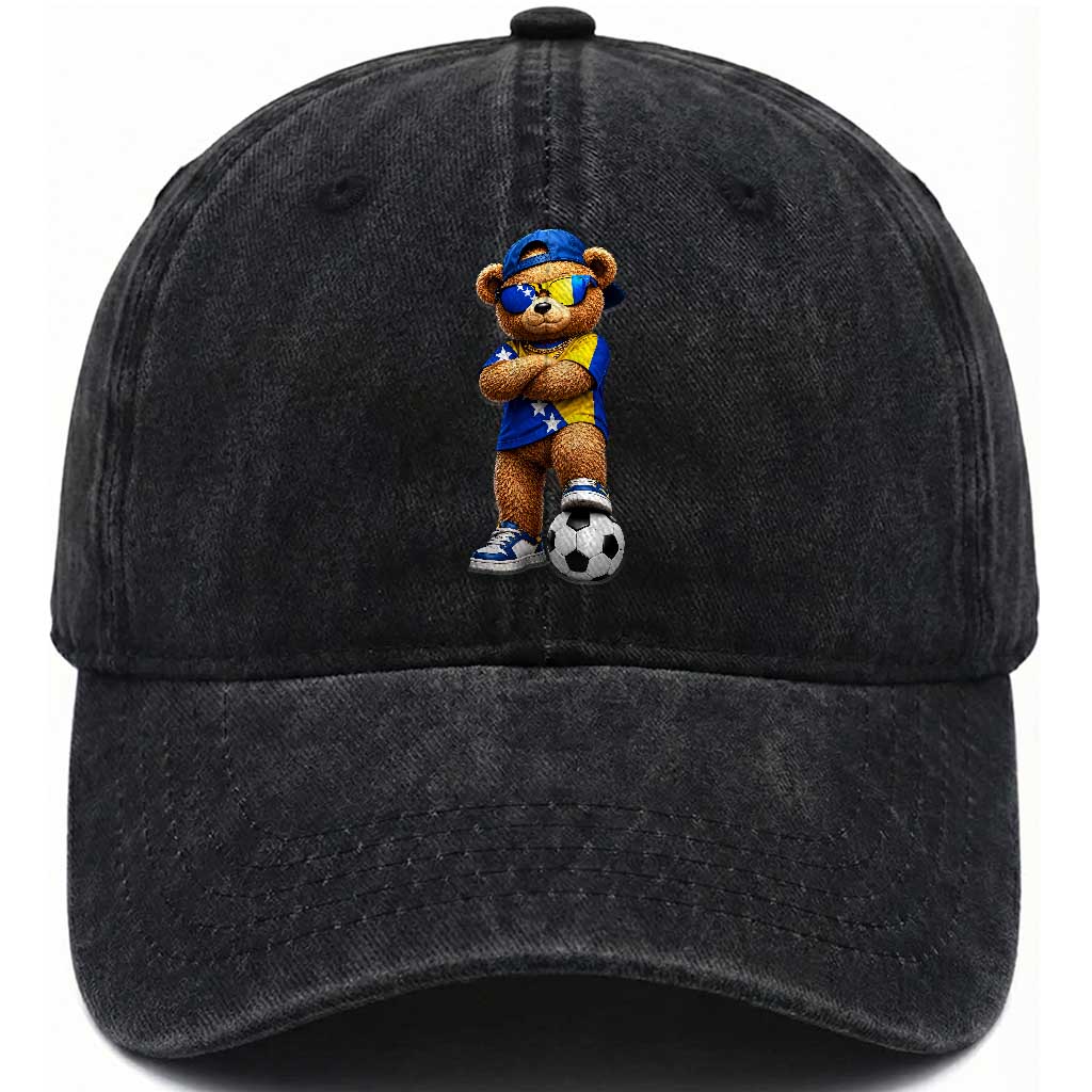 Cool Bosnia Herzegovina Flag Teddy Bear Soccer Fan Washed Cotton Baseball Cap BIH Bosnian Heritage Football Lovers TS02 Print Your Wear