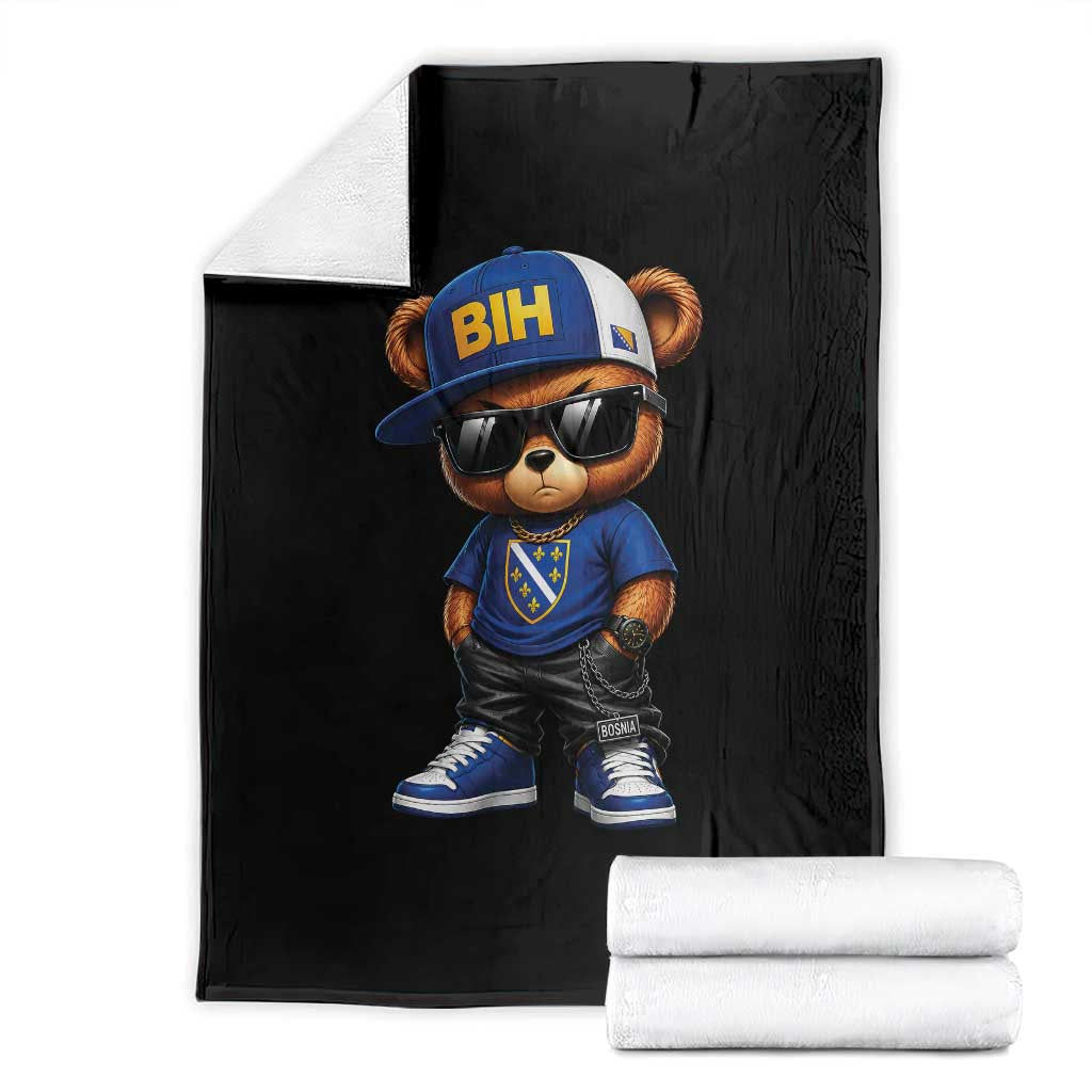 BIH Bosnia Teddy Bear Graphic Throw Blanket Golden Lily Heritage Urban Streetwear Style TS02 Black Print Your Wear