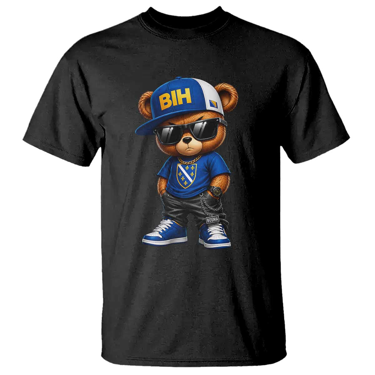BIH Bosnia Teddy Bear Graphic T Shirt Golden Lily Heritage Urban Streetwear Style TS02 Black Print Your Wear