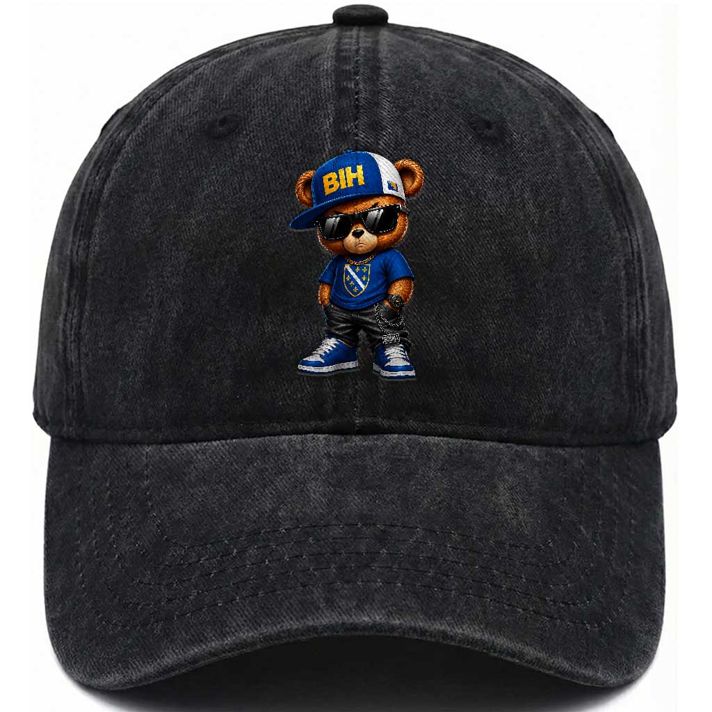 BIH Bosnia Teddy Bear Graphic Washed Cotton Baseball Cap Golden Lily Heritage Urban Streetwear Style TS02 Print Your Wear