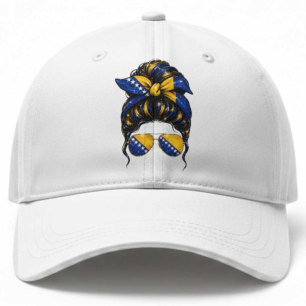 Bosnian Girl Messy Bun Flag Bandana Woman Graphic Baseball Cap Bosnia Herzegovina Pride TS02 Print Your Wear