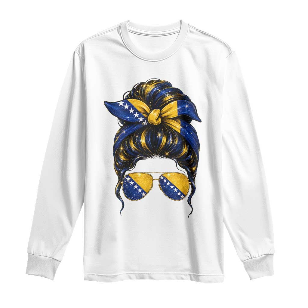 Bosnian Girl Messy Bun Flag Bandana Woman Graphic Long Sleeve Shirt Bosnia Herzegovina Pride TS02 White Print Your Wear