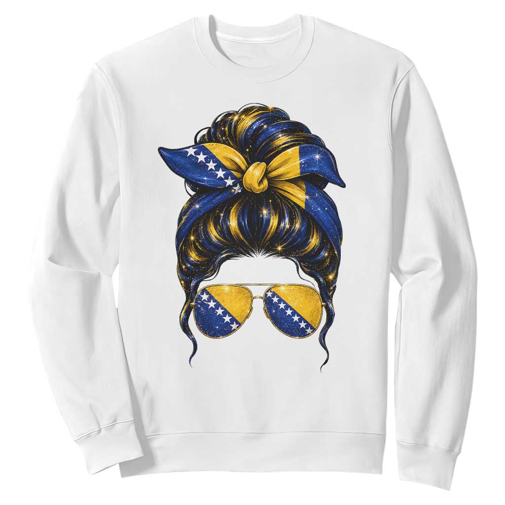 Bosnian Girl Messy Bun Flag Bandana Woman Graphic Sweatshirt Bosnia Herzegovina Pride TS02 White Print Your Wear