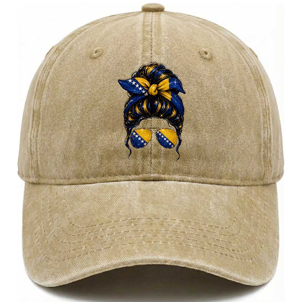Bosnian Girl Messy Bun Flag Bandana Woman Graphic Washed Cotton Baseball Cap Bosnia Herzegovina Pride TS02 Print Your Wear