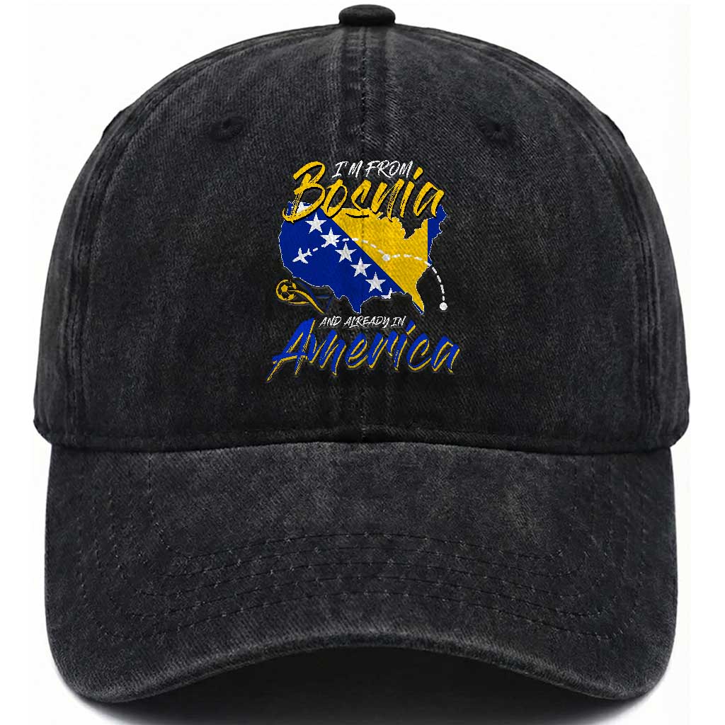 From Bosnia and Already in America Washed Cotton Baseball Cap Bosnian Soccer Fan Travel Bosnia Herzegovina Pride TS02 Print Your Wear