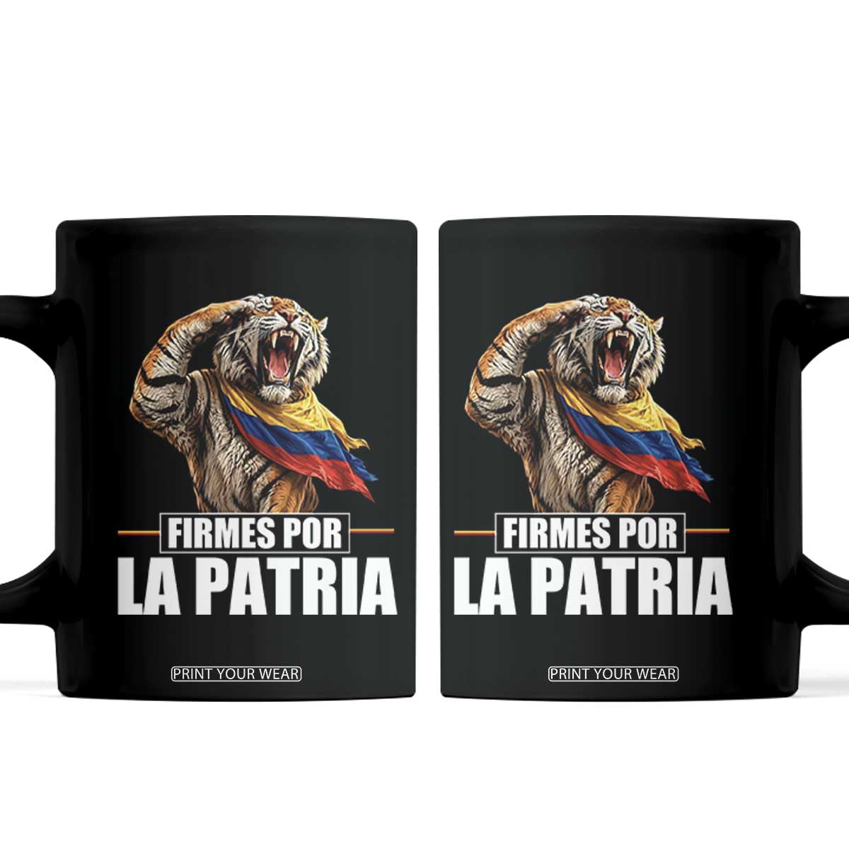 Firmes Por La Patria Colombian Pride Coffee Mug Roaring Saluting Tiger Patriotic Colombia Heritage Flag TS02 Black Print Your Wear