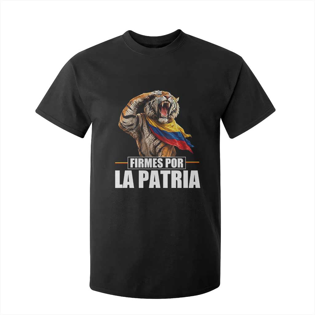 Firmes Por La Patria Colombian Pride T Shirt For Kid Roaring Saluting Tiger Patriotic Colombia Heritage Flag TS02 Black Print Your Wear