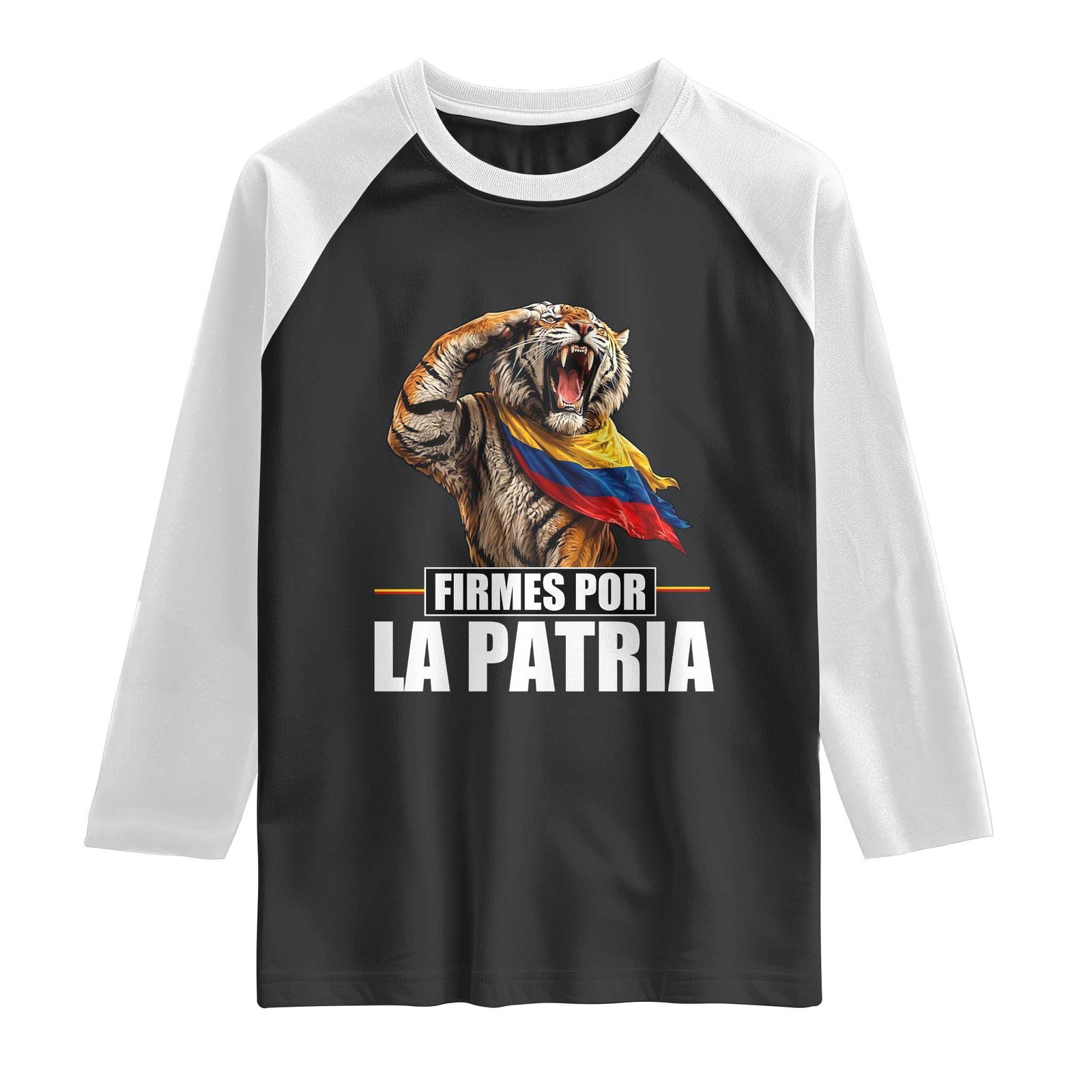Firmes Por La Patria Colombian Pride Raglan Shirt Roaring Saluting Tiger Patriotic Colombia Heritage Flag TS02 Black White Print Your Wear
